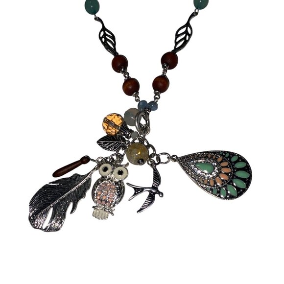 Arizona Jean Co. Fashion Necklace‎ Owl & Leaf Charms Beaded Chain Multicolor 28" - Picture 2 of 7